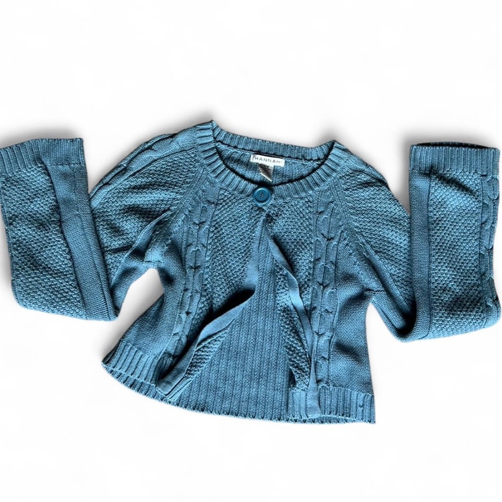 Vintage Light Dusty Blue Cable Knit Cropped Babydoll Women's Cardigan
